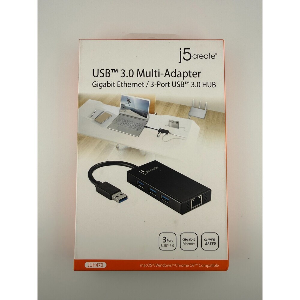 NEW J5Create JUH470 Black 3.0 USB 3-Port Gigabit Ethernet and Hub Multi-Adapter